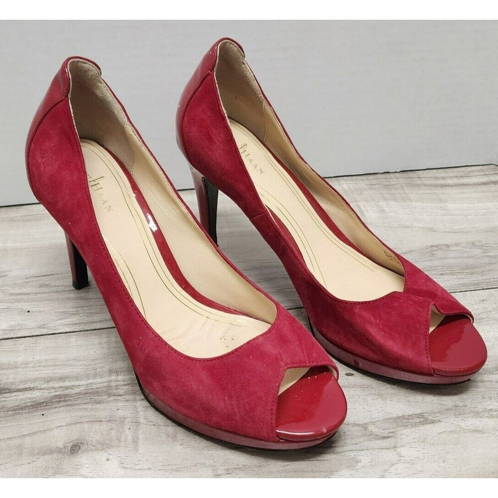 Cole Haan Red Faux Suede Slip On Open Toe High Hells Size 7.5